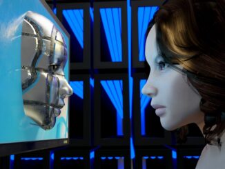 a female mannequin is looking at a computer screen