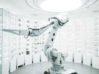 white robotic arm in display showroom